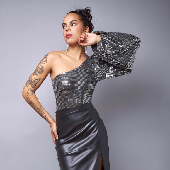 Silver Shimmering One-Shoulder Bodysuit - Picture 1 of 5